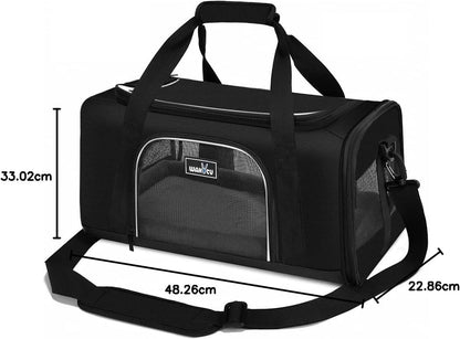 TSA Approved Pet Carrier for Small Medium Cats and Dogs | Dog Carrier with Adequate Ventilation | 4 Mesh Windows, 3 Entrance, Locking Safety Zippers, Padded Shoulder Strap, Black
